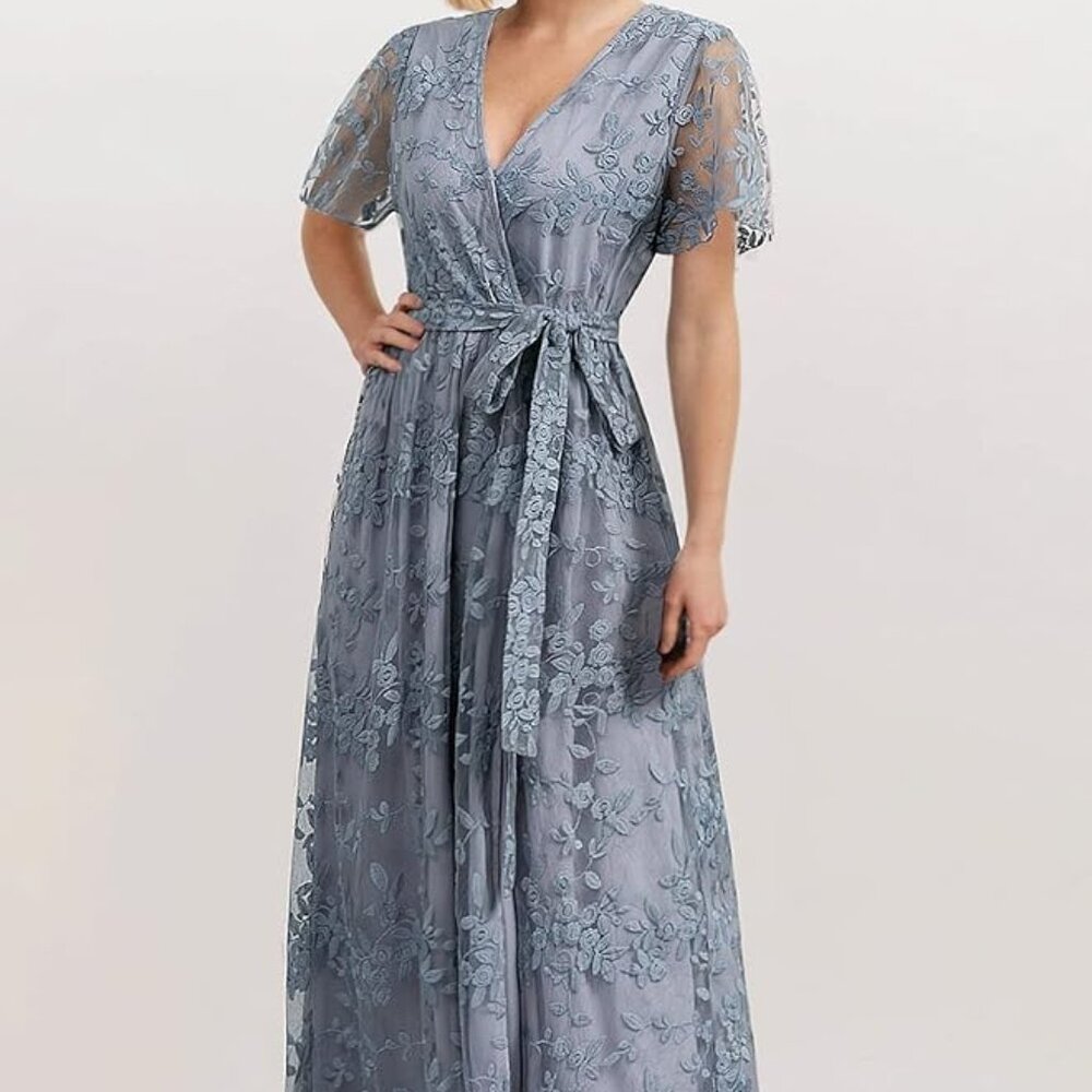 Simplee Purple Grey Short Sleeve Floral Lace Semi Formal Dress V Neck Long Maxi